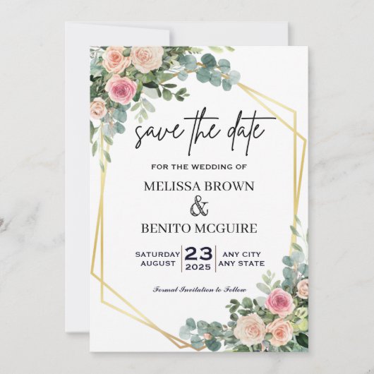 Blush Pink Eucalyptus Floral Gold Geometric Save The Date (Voorkant)