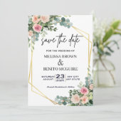 Blush Pink Eucalyptus Floral Gold Geometric Save The Date (Staand voorkant)