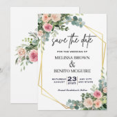 Blush Pink Eucalyptus Floral Gold Geometric Save The Date (Voorkant / Achterkant)