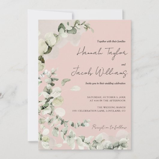 Blush PInk Eucalyptus QR Code Bruiloft Kaart (Voorkant)