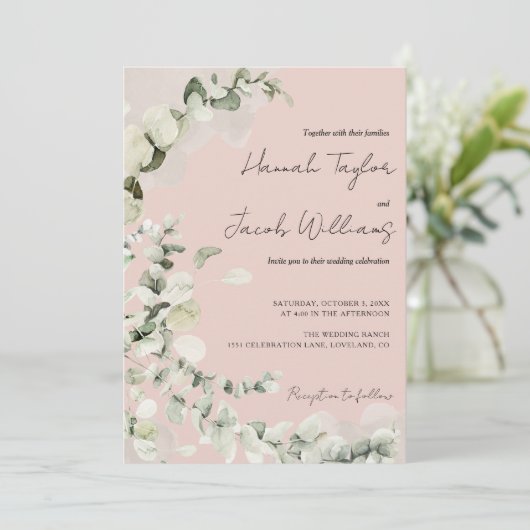 Blush PInk Eucalyptus QR Code Bruiloft Kaart (Staand voorkant)
