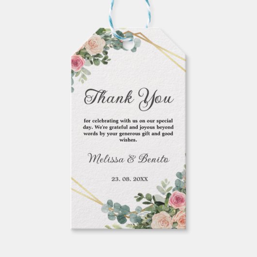 Blush Pink Eucalyptus Waterverf Geometric Weddensc Cadeaulabel (Voorkant)