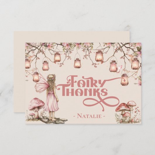 Blush Pink Fairy Eerste Verjaardag Party Thema Cus Bedankkaart (Voorkant / Achterkant)