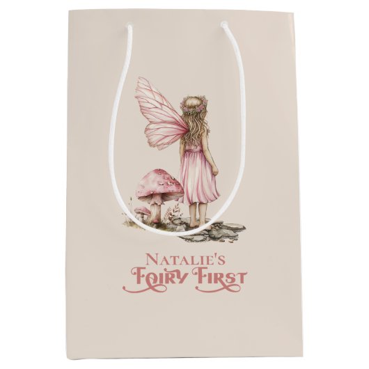 Blush Pink Fairy Eerste Verjaardagsfeestje Geperso Medium Cadeauzakje (Voorkant)