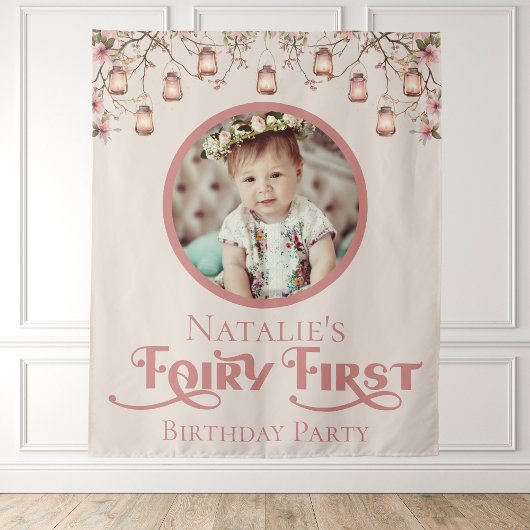 Blush Pink Fairy Eerste Verjaardagsfeestje Geperso Wandkleed