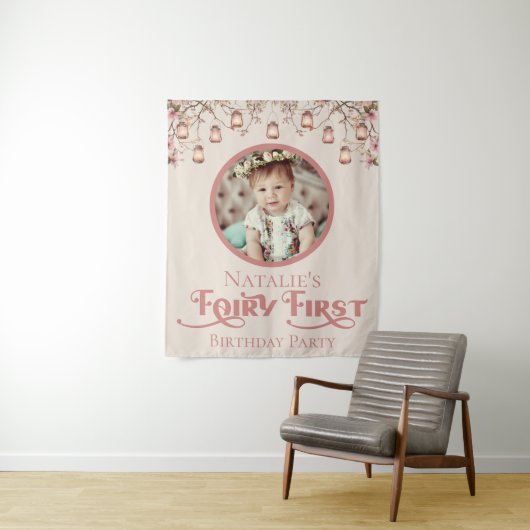 Blush Pink Fairy Eerste Verjaardagsfeestje Geperso Wandkleed (In situ)