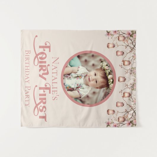 Blush Pink Fairy Eerste Verjaardagsfeestje Geperso Wandkleed (Voorkant (horizontaal))