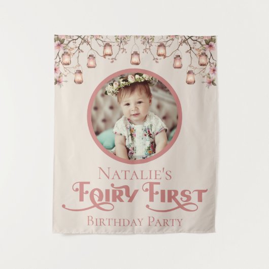 Blush Pink Fairy Eerste Verjaardagsfeestje Geperso Wandkleed (Voorkant)