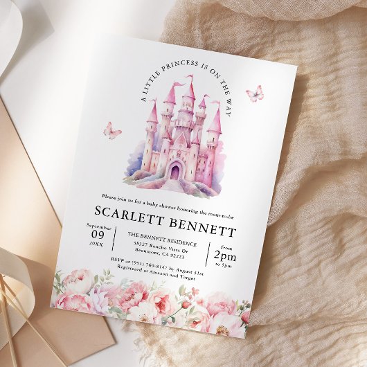 Blush Pink Fairytale Castle Floral Baby shower Kaart