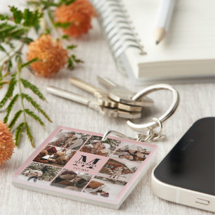Blush Pink Familie Fotocollage Monogram cadeau Sleutelhanger
