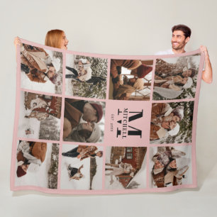 Blush Pink Familie Fotocollage Monogram Keepsake Fleece Deken