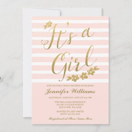 Blush Pink Faux Gold Flowers Meisje Baby shower Kaart (Voorkant)