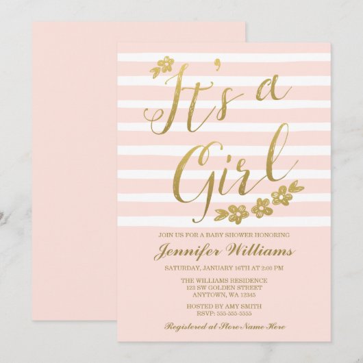 Blush Pink Faux Gold Flowers Meisje Baby shower Kaart (Voorkant / Achterkant)