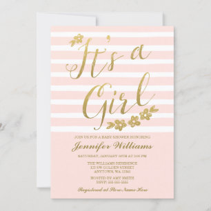 Blush Pink Faux Gold Flowers Meisje Baby shower Kaart