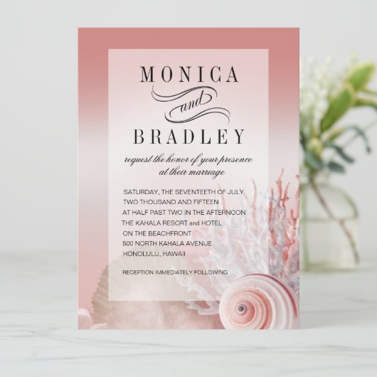 Blush Pink Faux Vellum Overlay Beach Weddenschap Kaart (Staand voorkant)