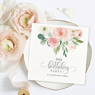 Blush Pink Feminine Floral 80th Birthday Party Servet