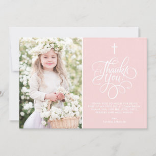 Blush Pink First Heilige Communie met een roze scr Bedankkaart