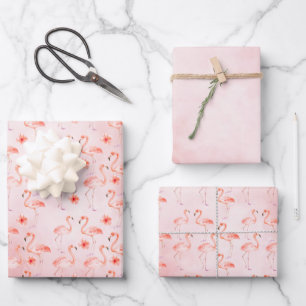 Blush Pink Flamingos Hibiscus Floral Inpakpapier Vel