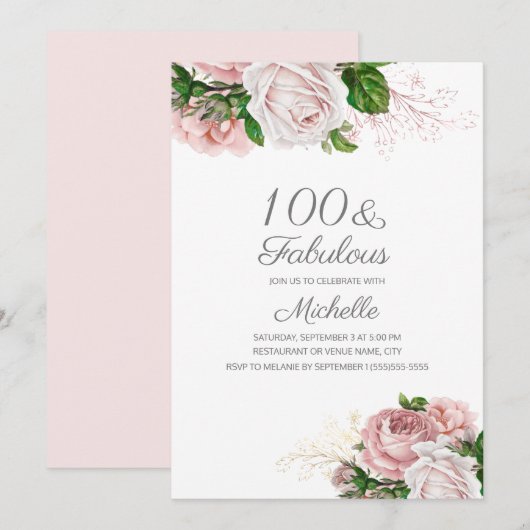 Blush Pink Floral 100 en Fabulous Birthday Kaart (Voorkant / Achterkant)