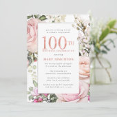 Blush Pink Floral 100th Birthday Party Kaart (Staand voorkant)