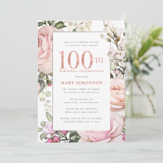 Blush Pink Floral 100th Birthday Party Kaart (Staand voorkant)