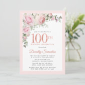 Blush Pink Floral 100th Birthday Party Kaart (Staand voorkant)