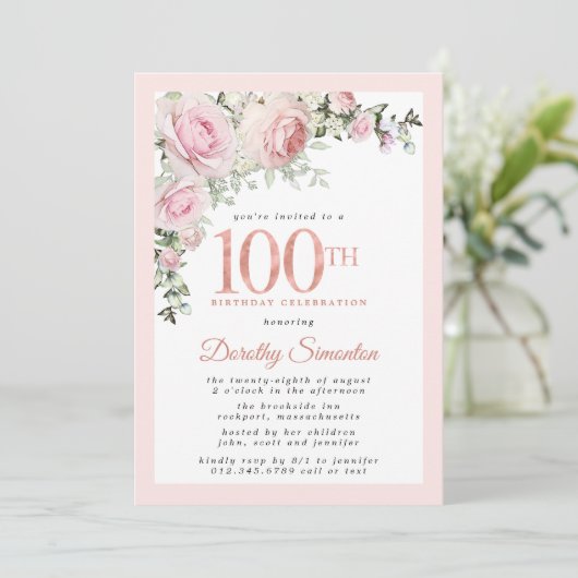 Blush Pink Floral 100th Birthday Party Kaart (Staand voorkant)