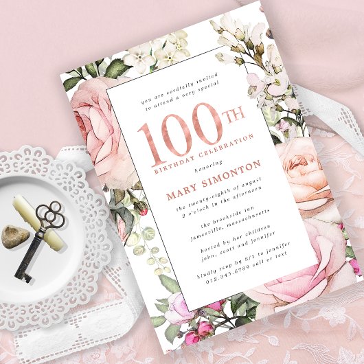 Blush Pink Floral 100th Birthday Party Kaart