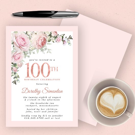 Blush Pink Floral 100th Birthday Party Kaart