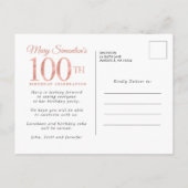 Blush Pink Floral 100th Birthday Uitnodiging Briefkaart (Achterkant)