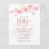 Blush Pink Floral 100th Birthday Uitnodiging Briefkaart (Voorkant)
