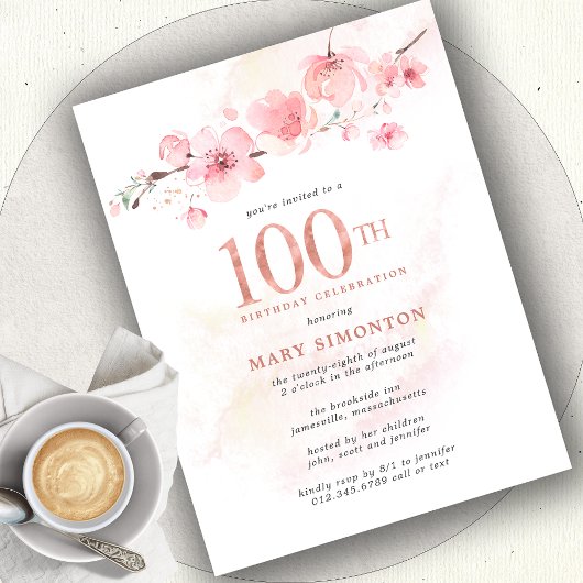 Blush Pink Floral 100th Birthday Uitnodiging Briefkaart