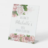 Blush Pink Floral 100th Birthday Welkom Reclamebord Met Voetstuk (Voorkant)