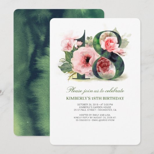 Blush Pink Floral 18th Birthday Party Kaart (Voorkant / Achterkant)