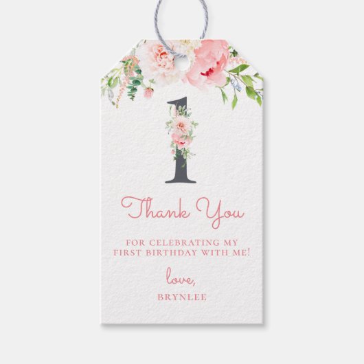 Blush Pink Floral 1e verjaardag Dank u Cadeaulabel (Voorkant)