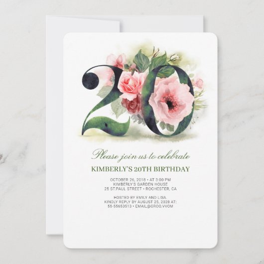 Blush Pink Floral 20ste verjaardagsfeestje Kaart (Voorkant)
