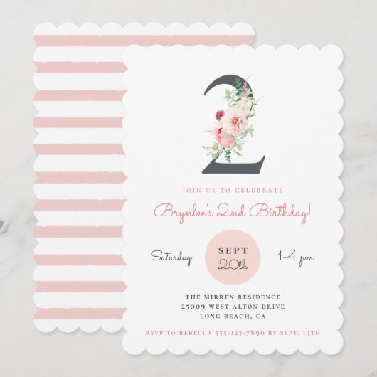 Blush Pink Floral 2e Verjaardag Kaart (Voorkant / Achterkant)