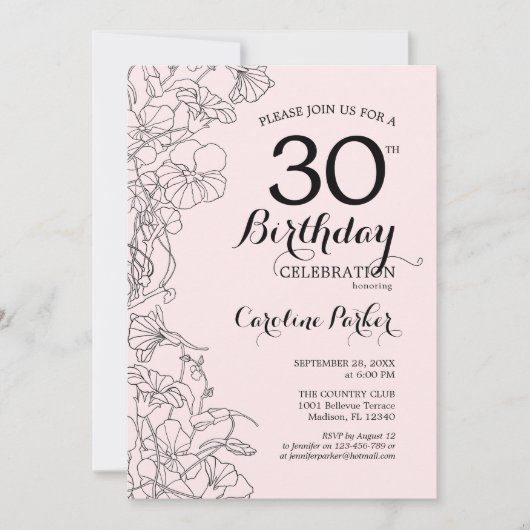 Blush Pink Floral 30ste verjaardagsfeestje Kaart (Voorkant)