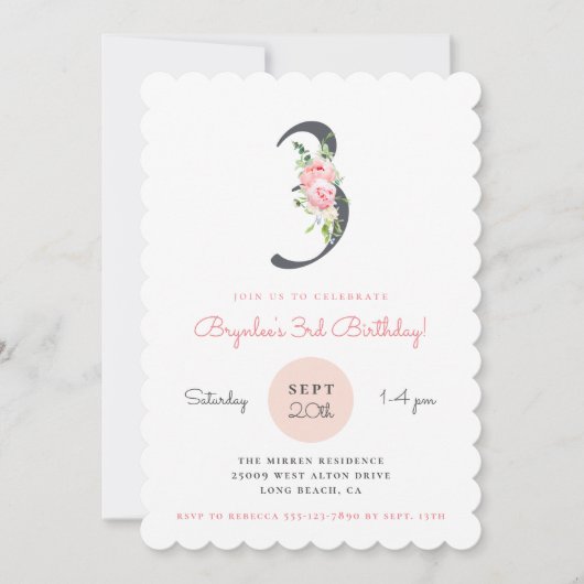 Blush Pink Floral 3e verjaardag Kaart (Voorkant)