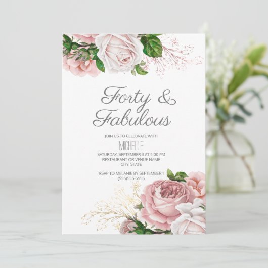 Blush Pink Floral 40 en Fabulous Birthday Kaart (Staand voorkant)