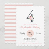 Blush Pink Floral 4e verjaardagsfeestje Kaart (Voorkant / Achterkant)