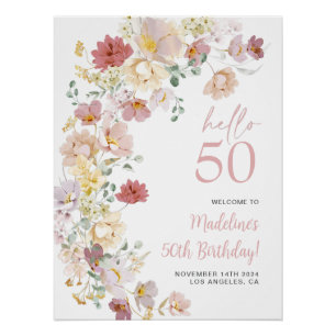 Blush Pink Floral 50e verjaardag Welkom Perfect Poster