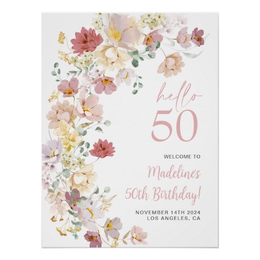 Blush Pink Floral 50e verjaardag Welkom Perfect Poster (Voorkant)