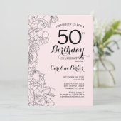 Blush Pink Floral 50ste verjaardagsfeestje Kaart (Staand voorkant)