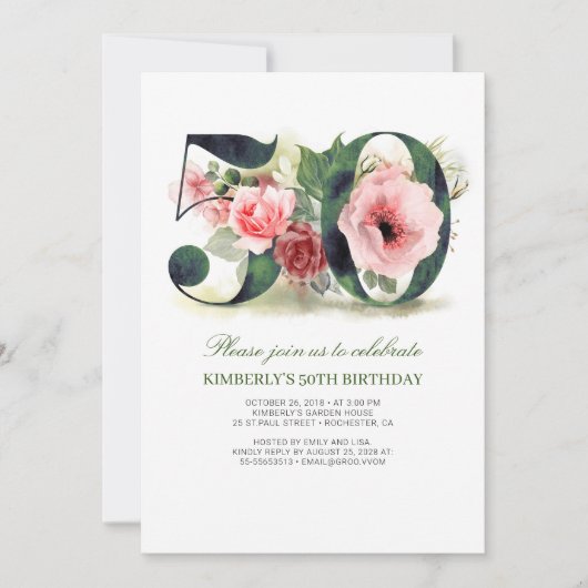 Blush Pink Floral 50ste verjaardagsfeestje Kaart (Voorkant)