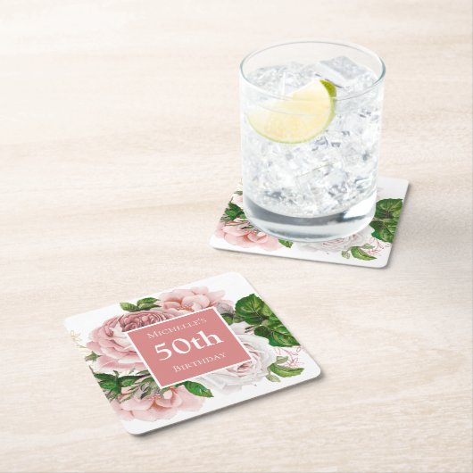  Blush Pink Floral 50th Birthday Party Kartonnen Onderzetters (Insitu)