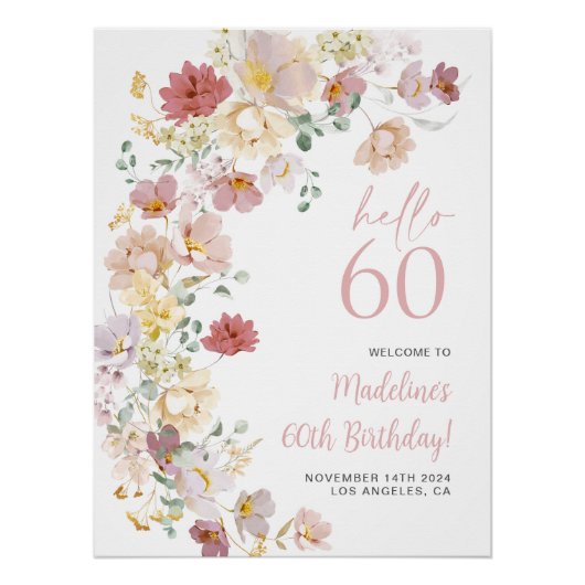 Blush Pink Floral 60e verjaardag Welkom Perfect Poster (Voorkant)