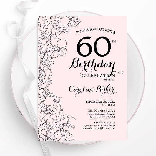 Blush Pink Floral 60th Birthday Party Kaart
