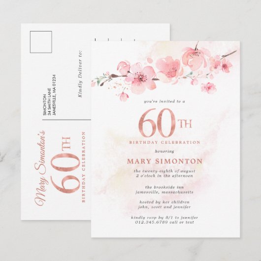 Blush Pink Floral 60th Birthday Uitnodiging Briefkaart (Voorkant / Achterkant)