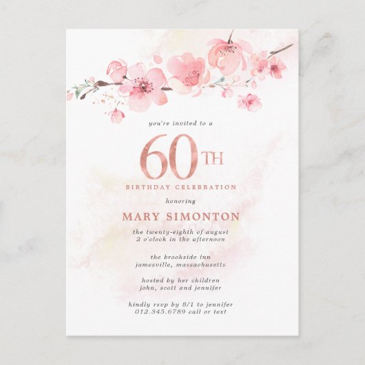 Blush Pink Floral 60th Birthday Uitnodiging Briefkaart (Voorkant)